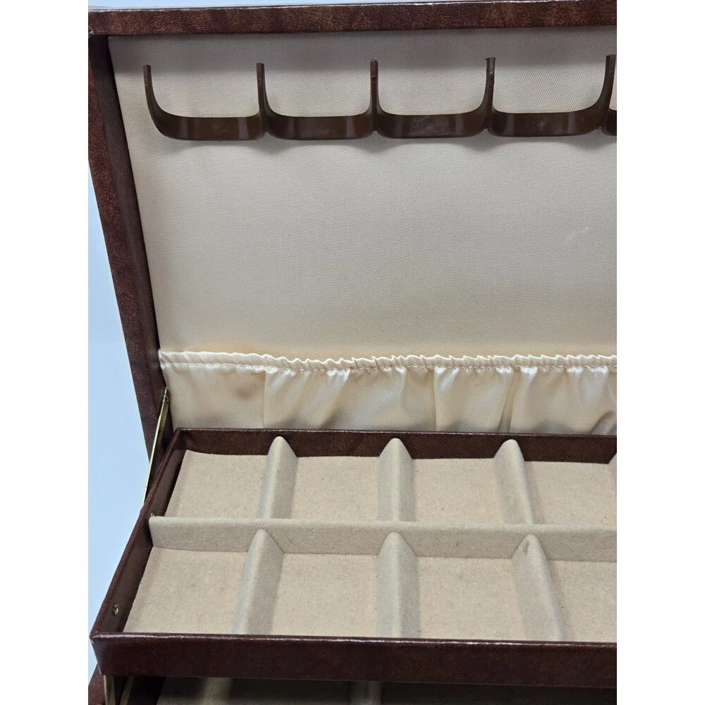 VINTAGE MELE TWO TIER BROWN FAUX LEATHER JEWELERY BOX GOLD FILIGREE CREAM VELVET